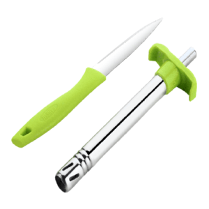 A green color set of knife and gas lighter