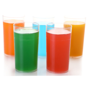 Image of 5 transparent glasses filled with juice