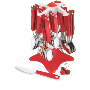 Red color cutlery set of swastik design