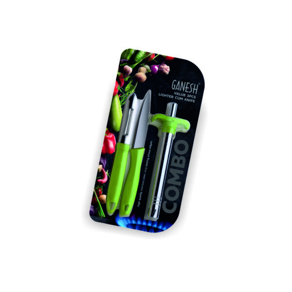 Green color Gas lighter with knife and peeler